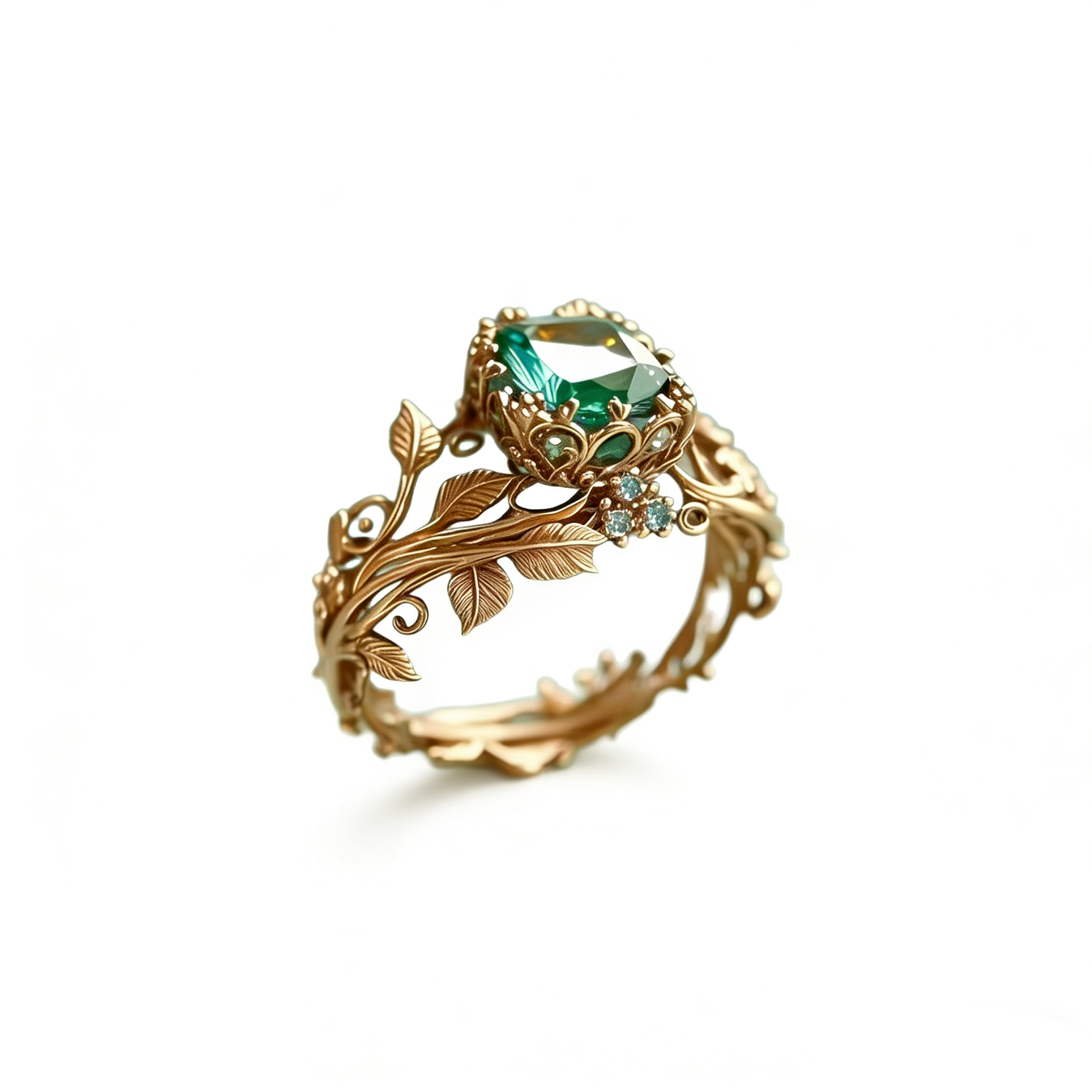 Green Crystal Vine Ring | Vintage Leaf Branch Band with Adjustable Sizes