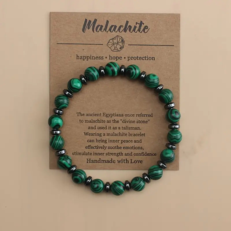 Natural 8mm Malachite Bracelet with Black Obsidian Spacers - Healing Crystal Beaded Bracelet