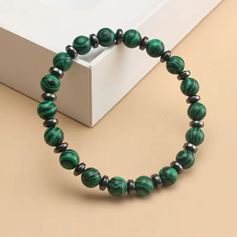 Natural 8mm Malachite Bracelet with Black Obsidian Spacers - Healing Crystal Beaded Bracelet
