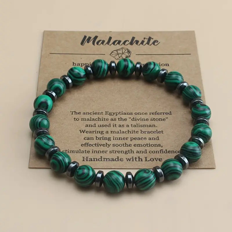 Natural 8mm Malachite Bracelet with Black Obsidian Spacers - Healing Crystal Beaded Bracelet
