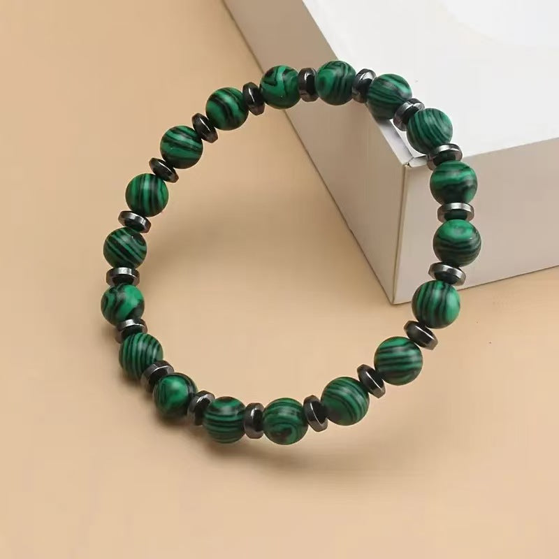 Natural 8mm Malachite Bracelet with Black Obsidian Spacers - Healing Crystal Beaded Bracelet