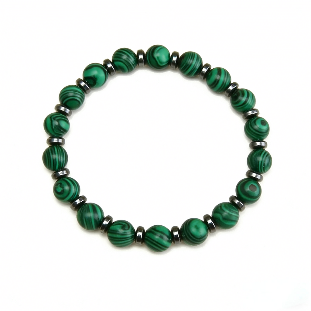 Natural 8mm Malachite Bracelet with Black Obsidian Spacers - Healing Crystal Beaded Bracelet