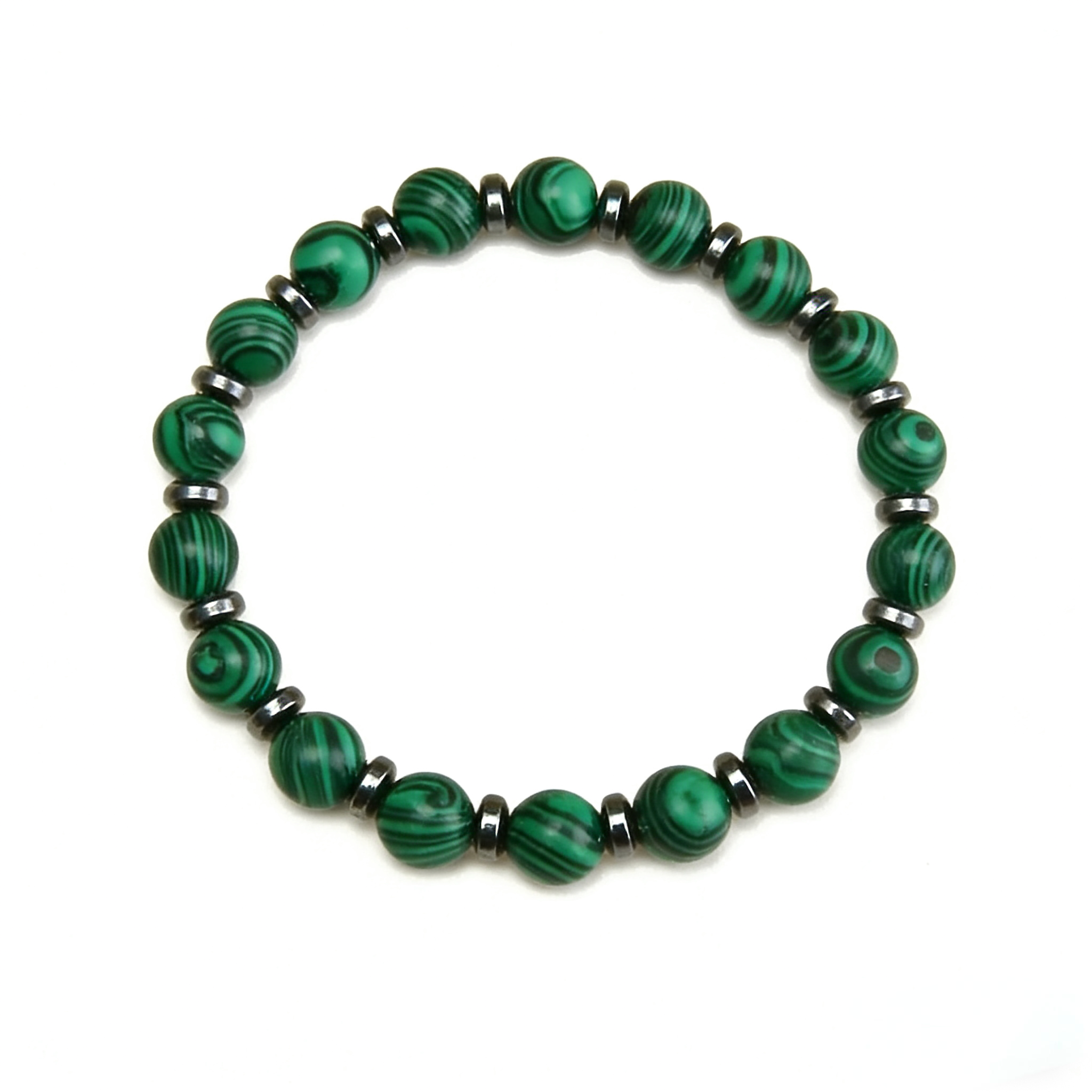 Natural 8mm Malachite Bracelet with Black Obsidian Spacers - Healing Crystal Beaded Bracelet