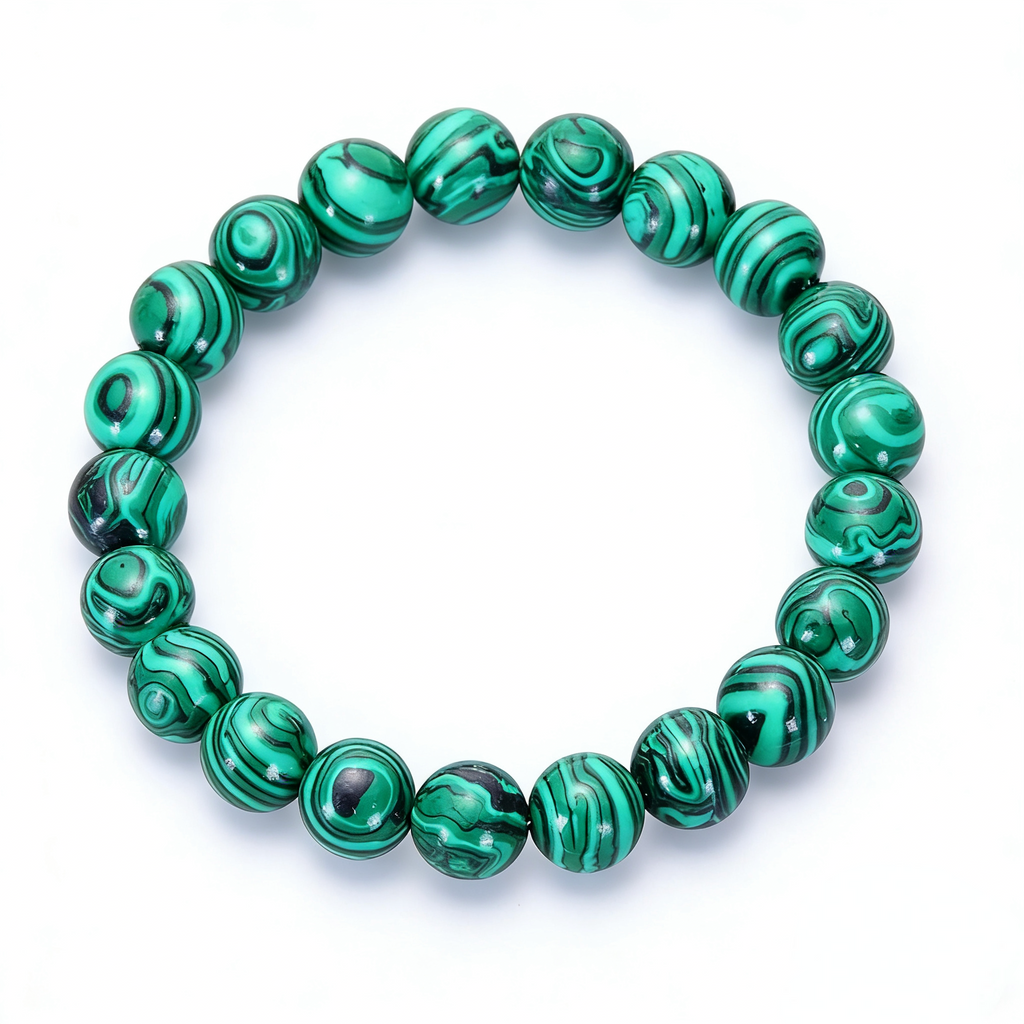 Natural 8mm Malachite Bracelet with Black Obsidian Spacers - Healing Crystal Beaded Bracelet
