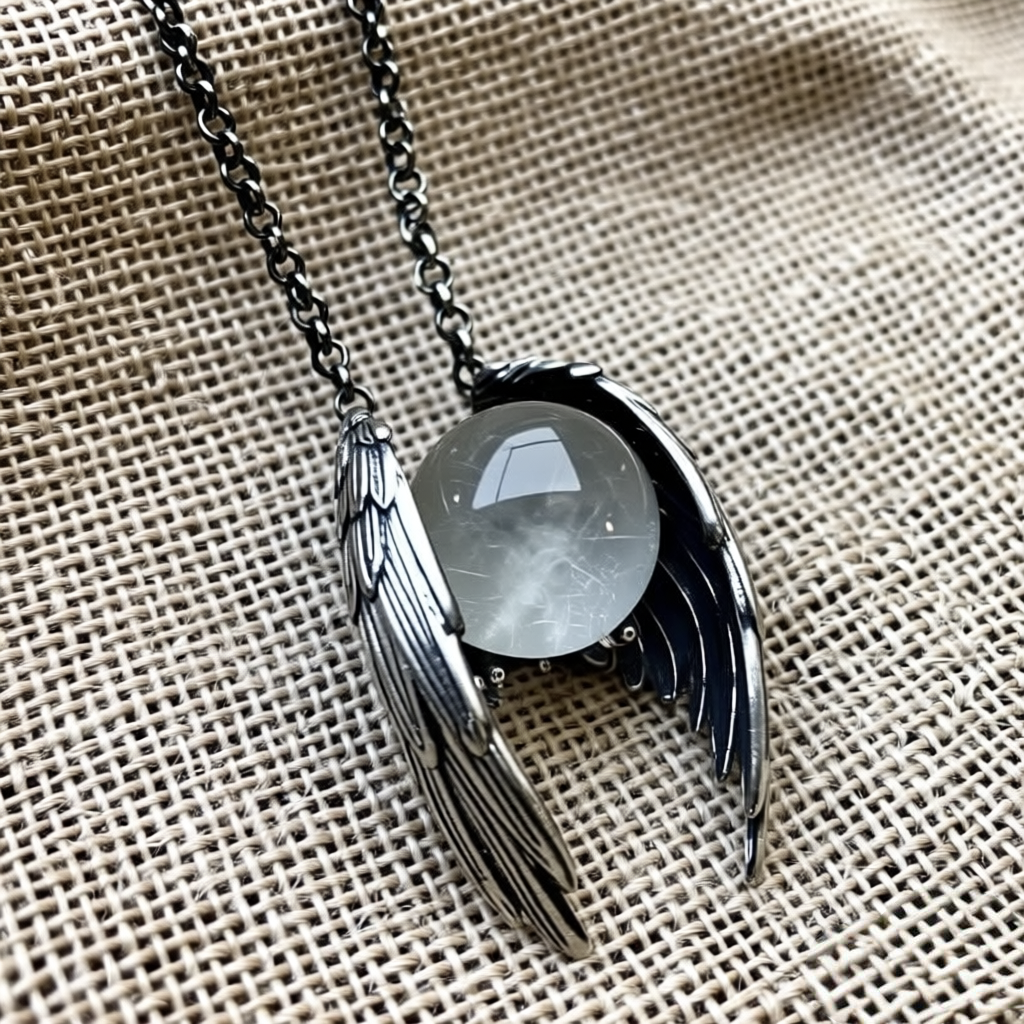 Ghost Wing Crystal Necklace | Vintage Angel Wings Pendant with Natural Stone