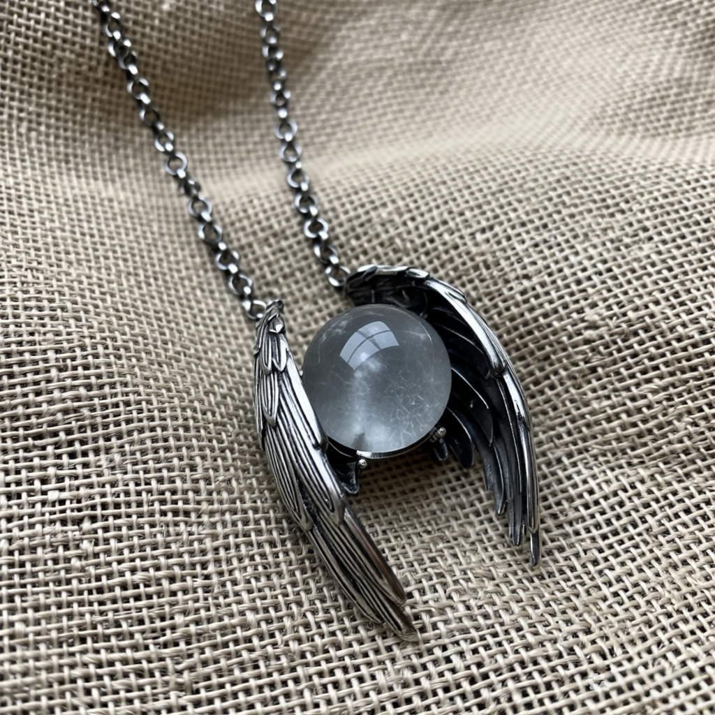 Ghost Wing Crystal Necklace | Vintage Angel Wings Pendant with Natural Stone