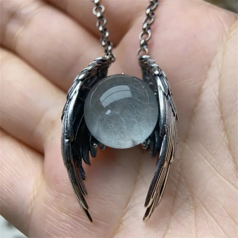 Ghost Wing Crystal Necklace | Vintage Angel Wings Pendant with Natural Stone