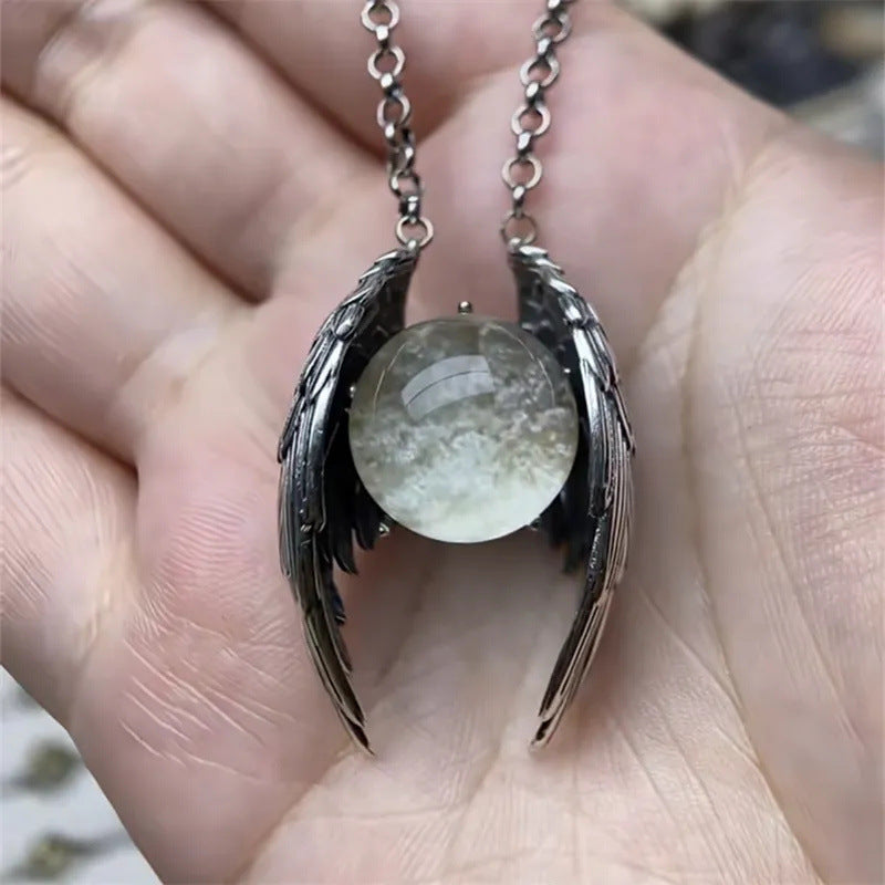 Ghost Wing Crystal Necklace | Vintage Angel Wings Pendant with Natural Stone