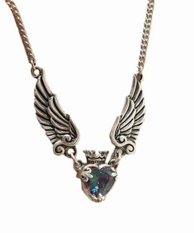 Vintage Distressed Heart Crown Wing Necklace - European & American New Style