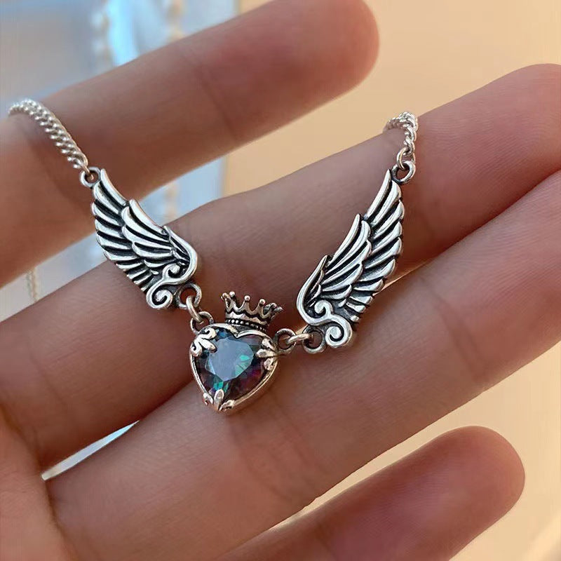 Vintage Distressed Heart Crown Wing Necklace - European & American New Style