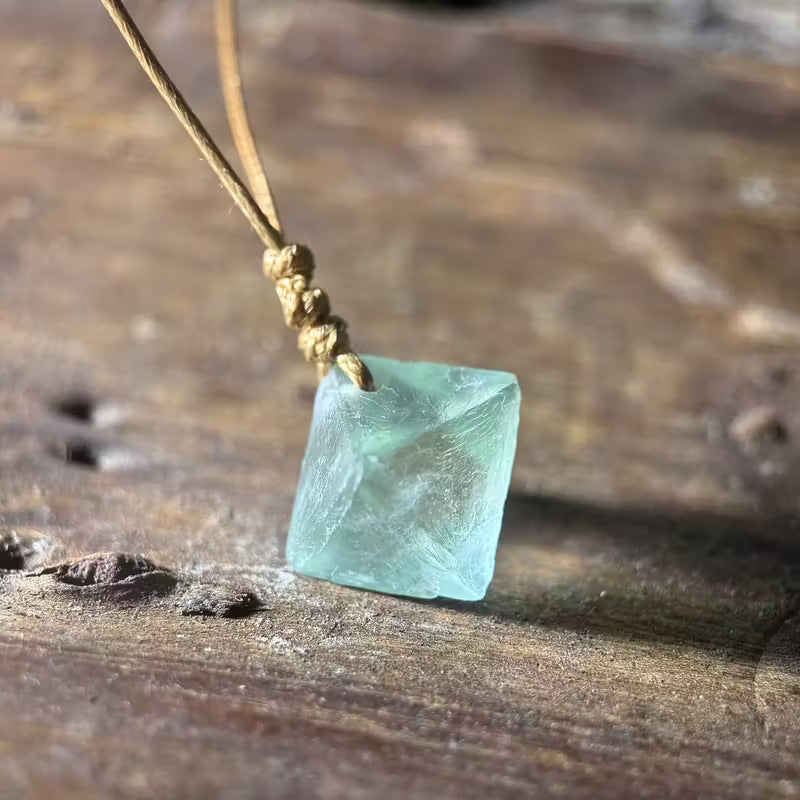 Natural Green Fluorite Crystal Pendant Necklace | Bohemian Raw Stone Jewelry