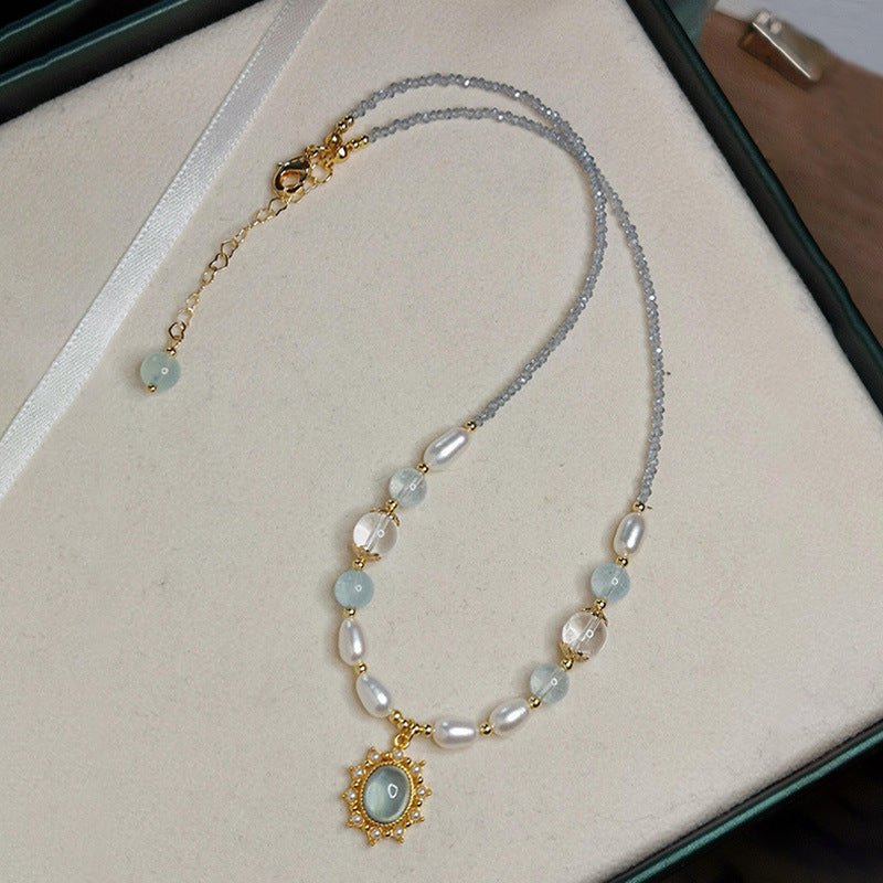 Mermaid's Whisper Aquamarine Pearl Necklace | Elegant Crystal Collarbone Chain