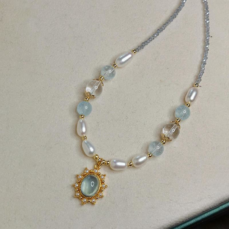 Mermaid's Whisper Aquamarine Pearl Necklace | Elegant Crystal Collarbone Chain