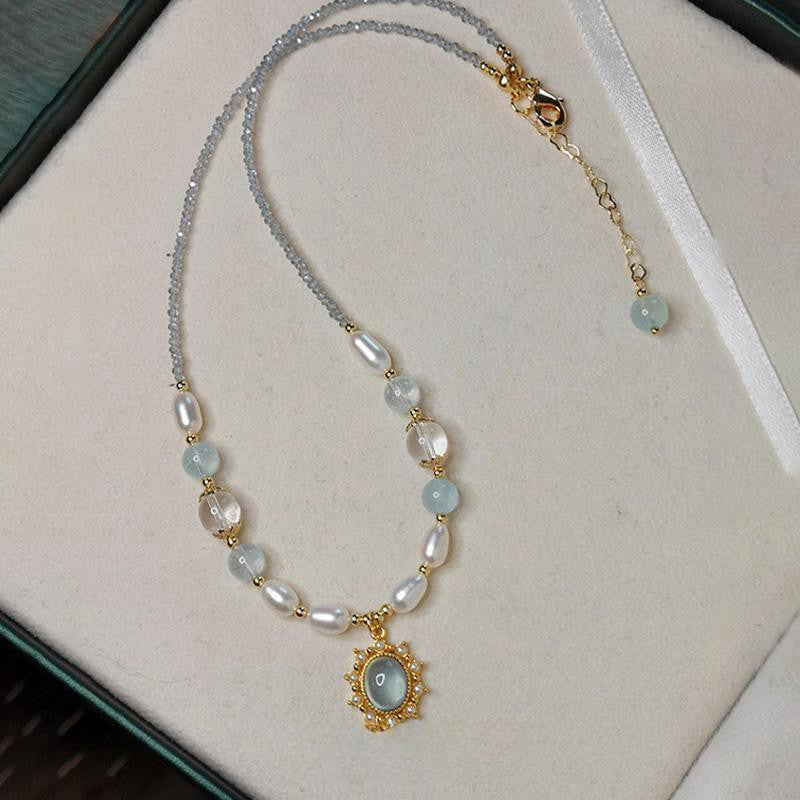 Mermaid's Whisper Aquamarine Pearl Necklace | Elegant Crystal Collarbone Chain