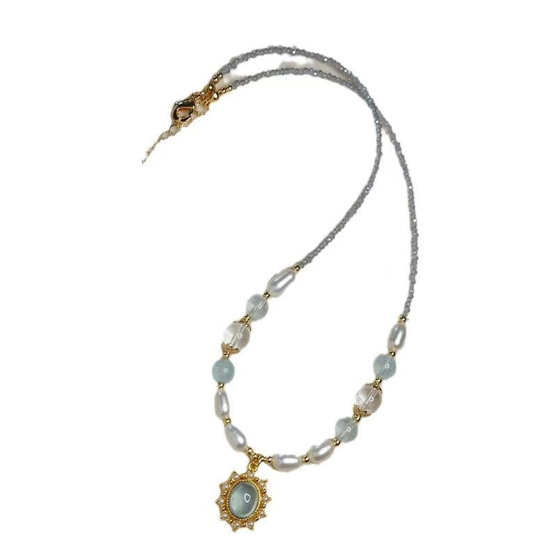 Mermaid's Whisper Aquamarine Pearl Necklace | Elegant Crystal Collarbone Chain