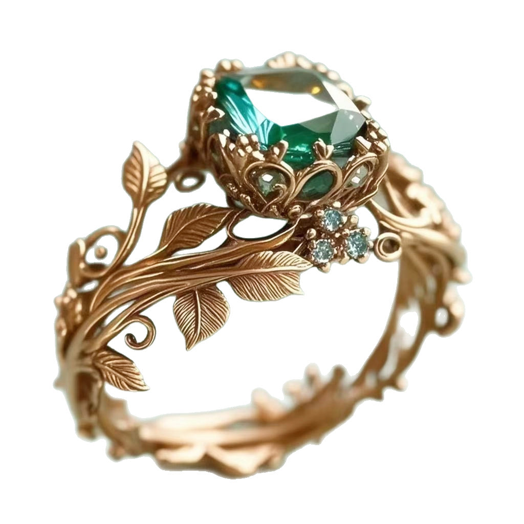Green Crystal Vine Ring | Vintage Leaf Branch Band with Adjustable Sizes