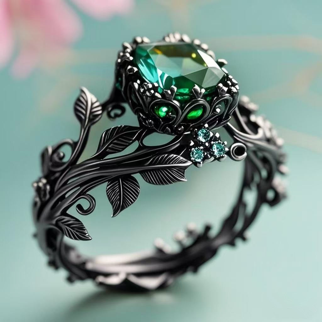 Green Crystal Vine Ring | Vintage Leaf Branch Band with Adjustable Sizes