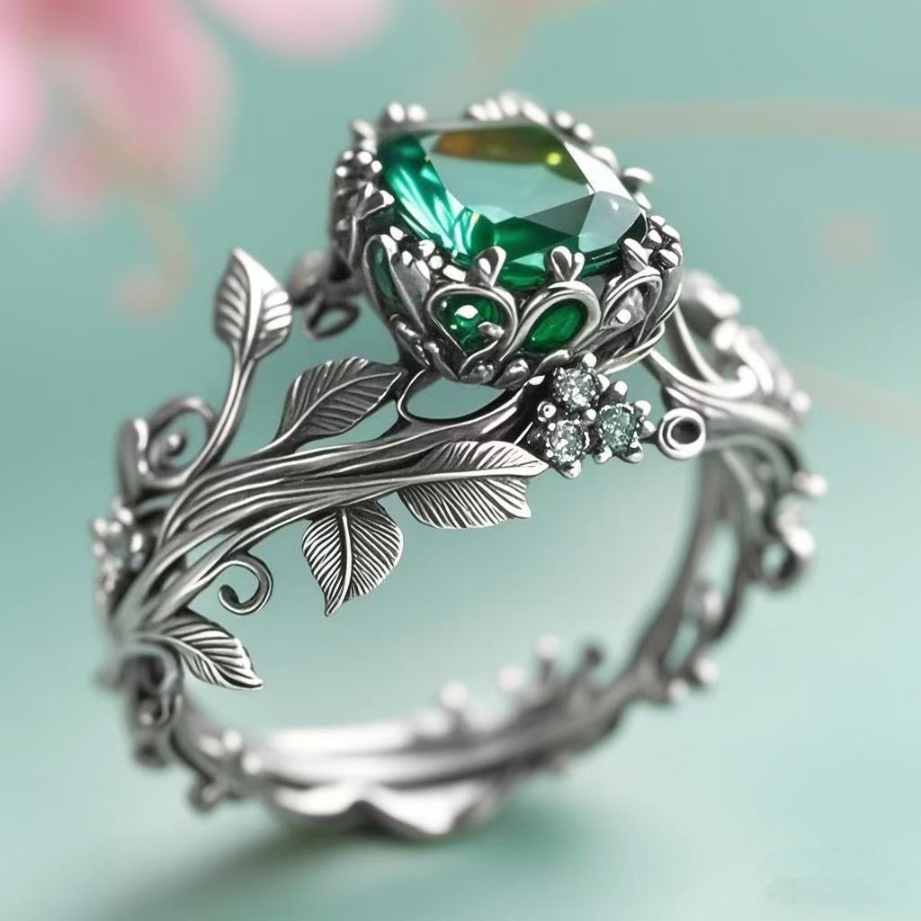 Green Crystal Vine Ring | Vintage Leaf Branch Band with Adjustable Sizes