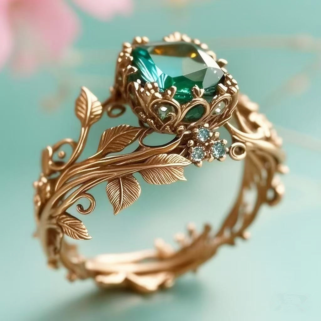 Green Crystal Vine Ring | Vintage Leaf Branch Band with Adjustable Sizes