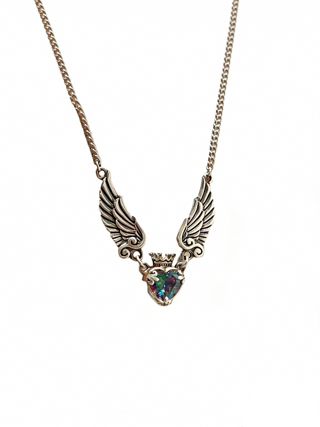 Vintage Distressed Heart Crown Wing Necklace - European & American New Style
