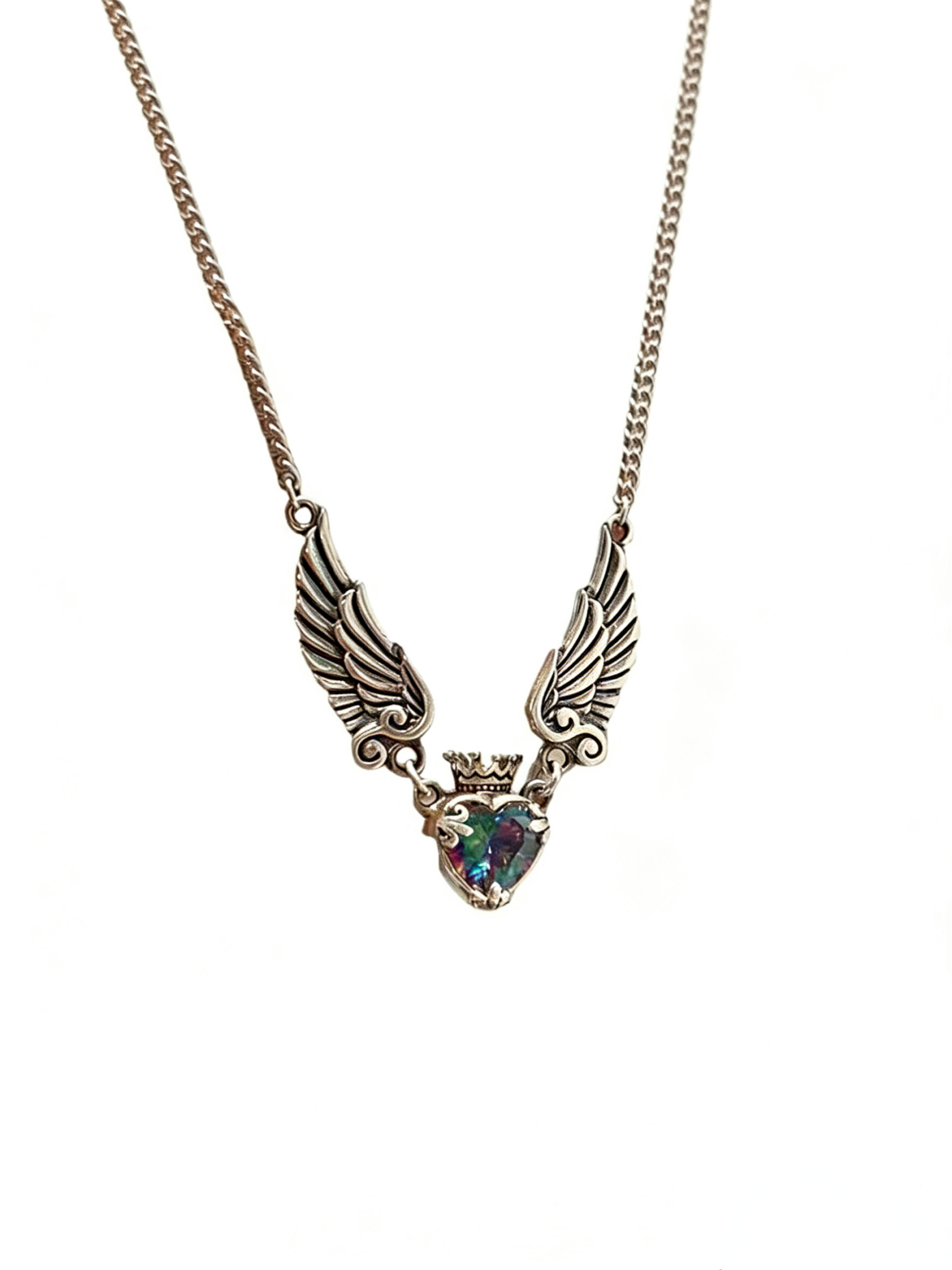 Vintage Distressed Heart Crown Wing Necklace - European & American New Style