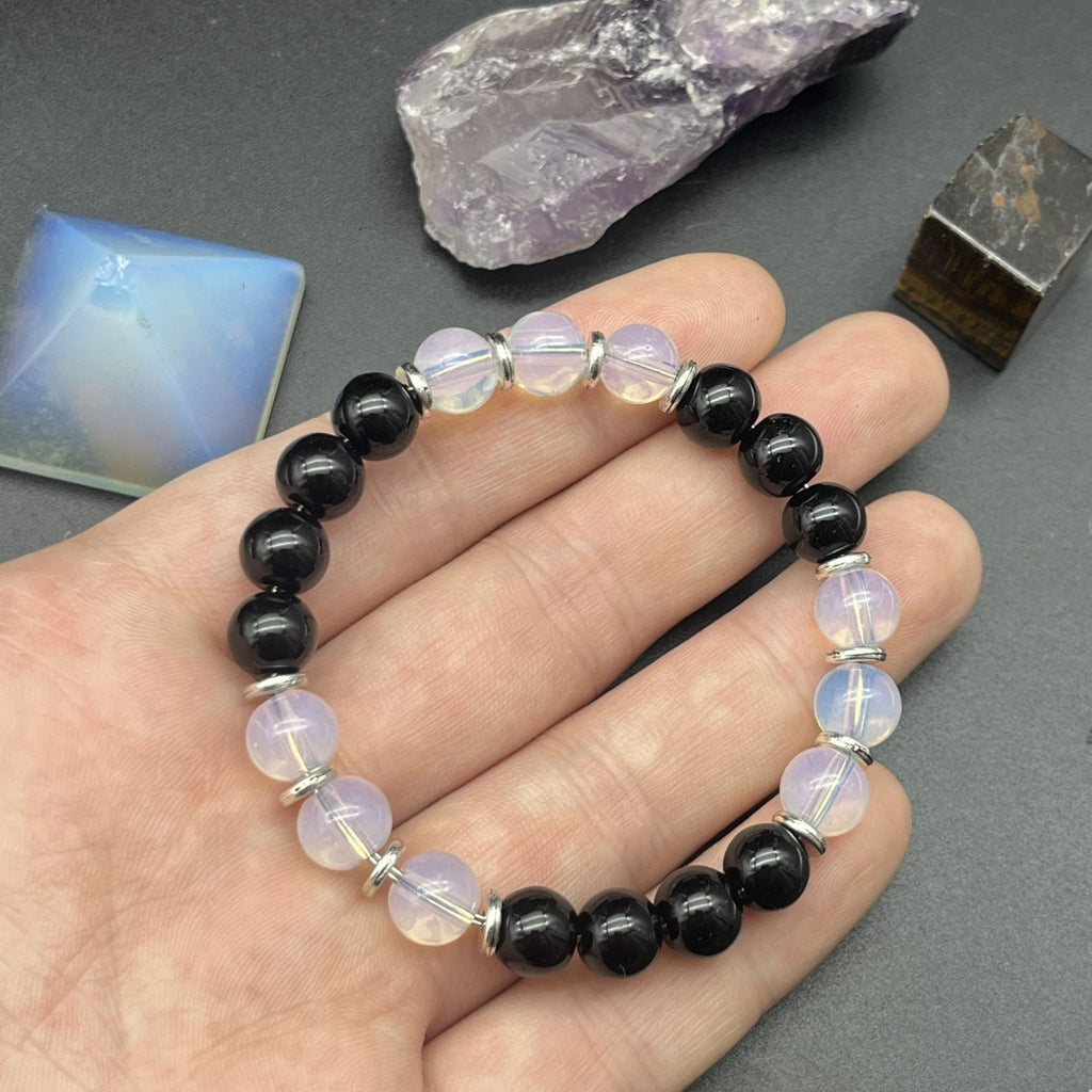 Multi-Element Charm Bracelet | Black Glass & Opalite Beaded Bracelet