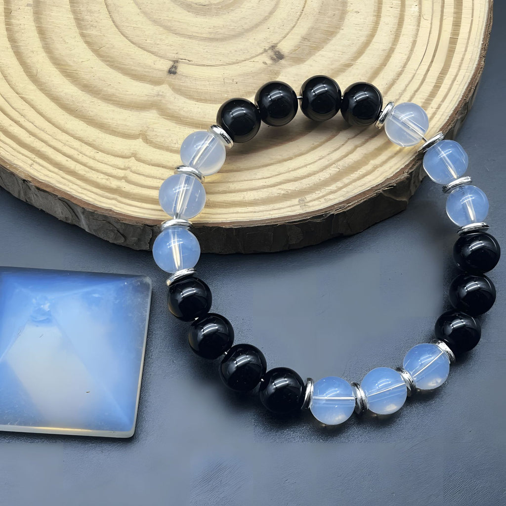 Multi-Element Charm Bracelet | Black Glass & Opalite Beaded Bracelet