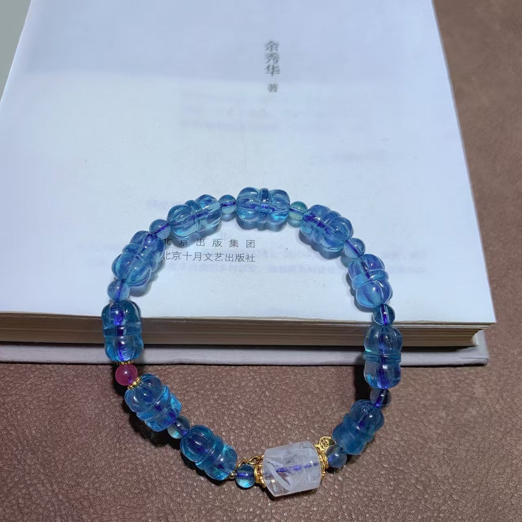 Natural Aquamarine Bracelet |Glacier Aurora Stone with Silver Charms
