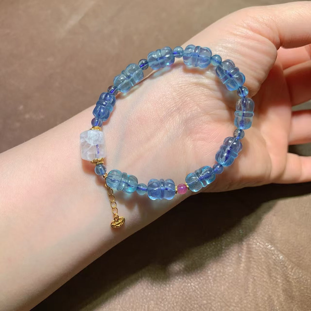 Natural Aquamarine Bracelet |Glacier Aurora Stone with Silver Charms