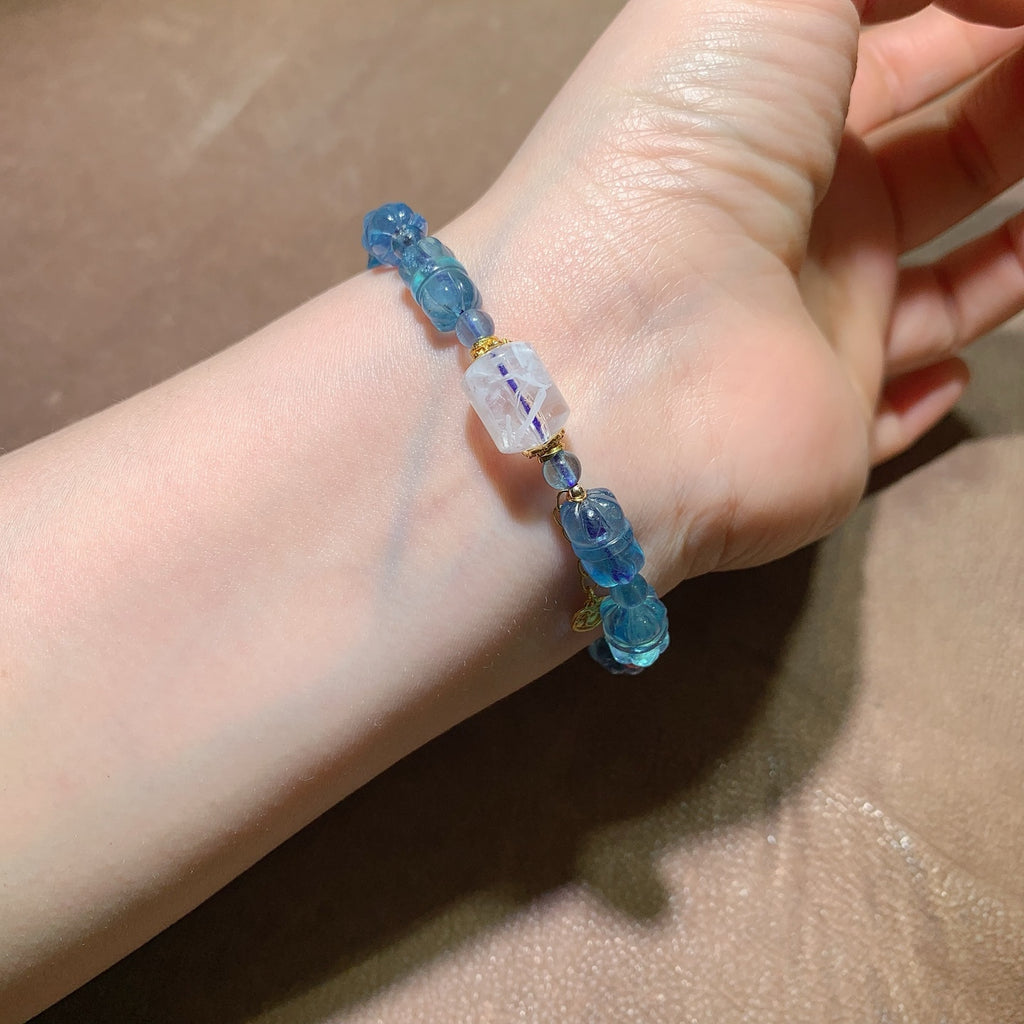 Natural Aquamarine Bracelet |Glacier Aurora Stone with Silver Charms