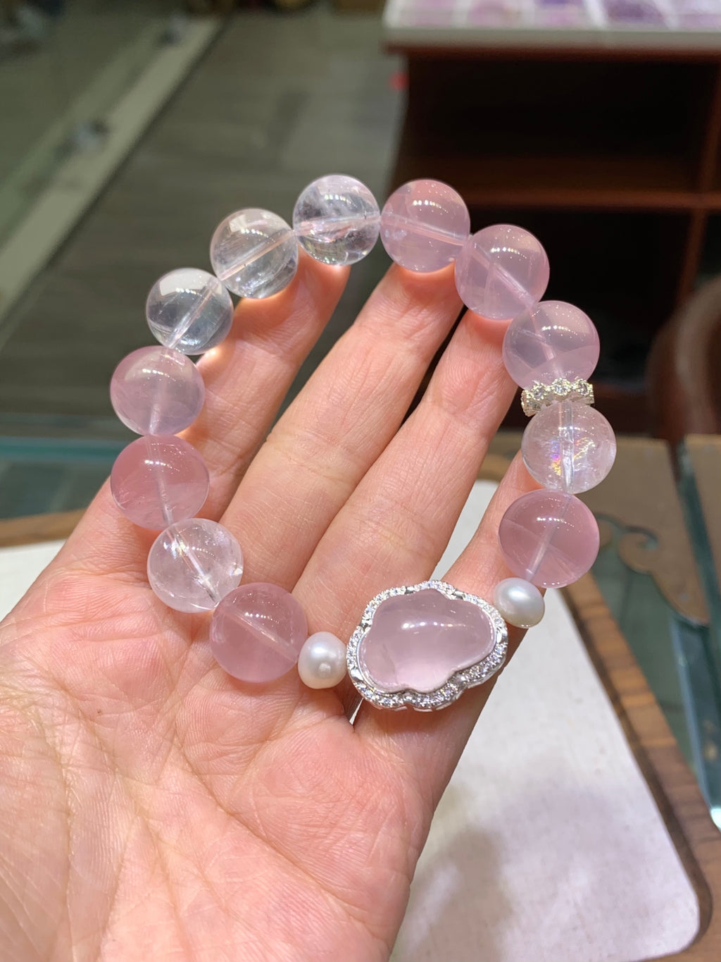 Rose Quartz Cloud Bracelet | 14mm Natural Pink Crystal with Pearl & Himalayan Quartz
