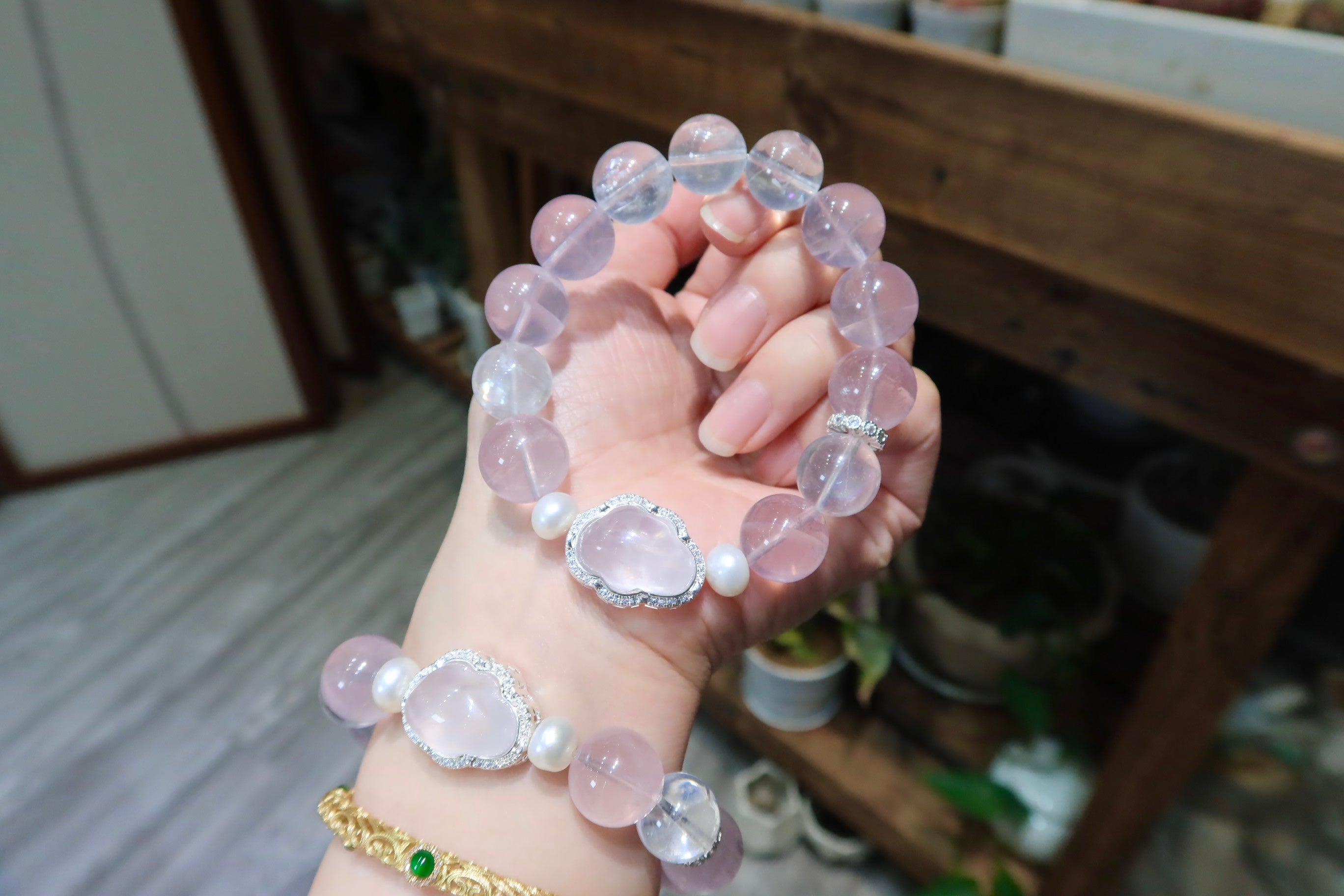 Rose Quartz Cloud Bracelet | 14mm Natural Pink Crystal with Pearl & Himalayan Quartz