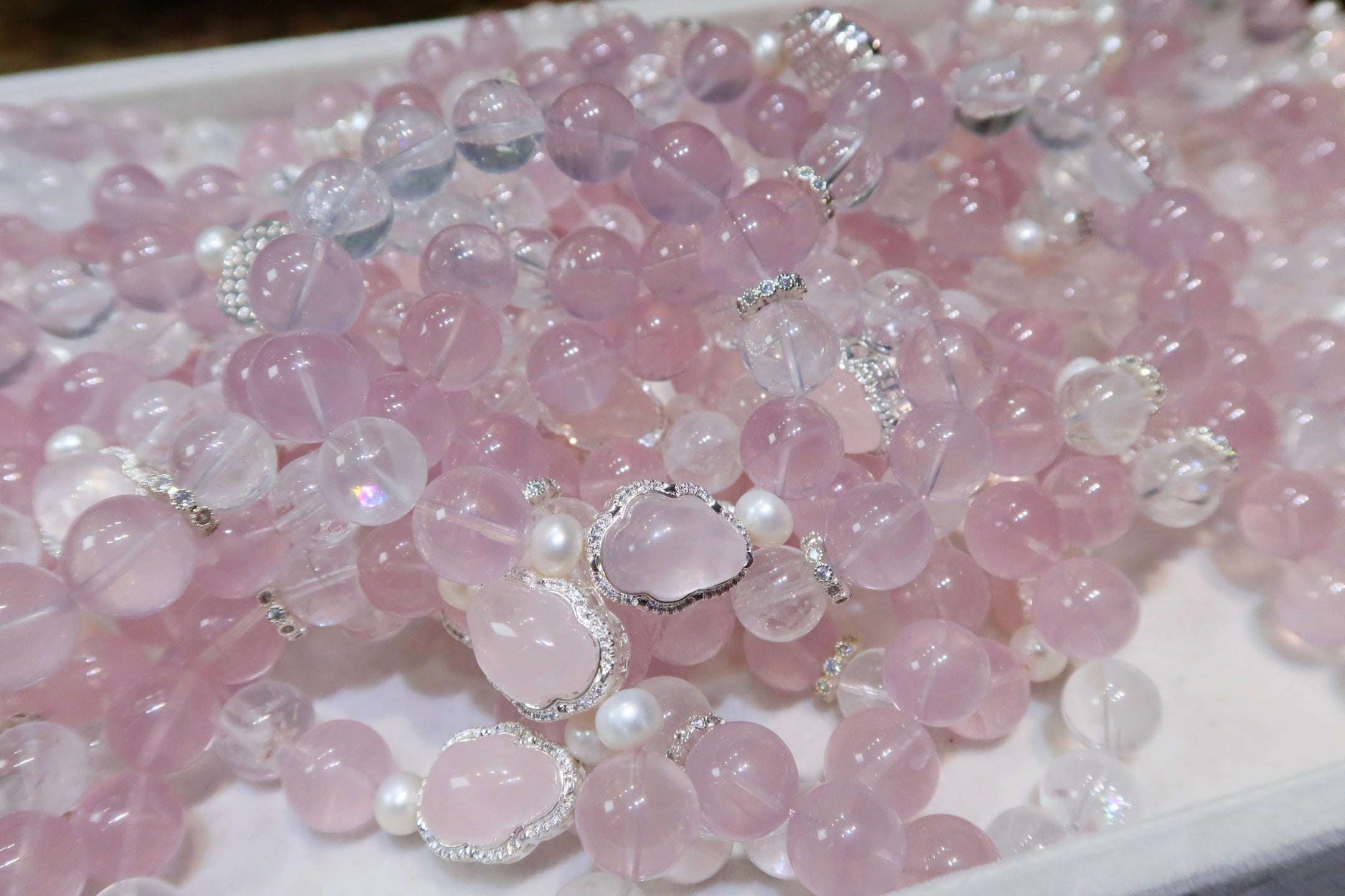 Rose Quartz Cloud Bracelet | 14mm Natural Pink Crystal with Pearl & Himalayan Quartz