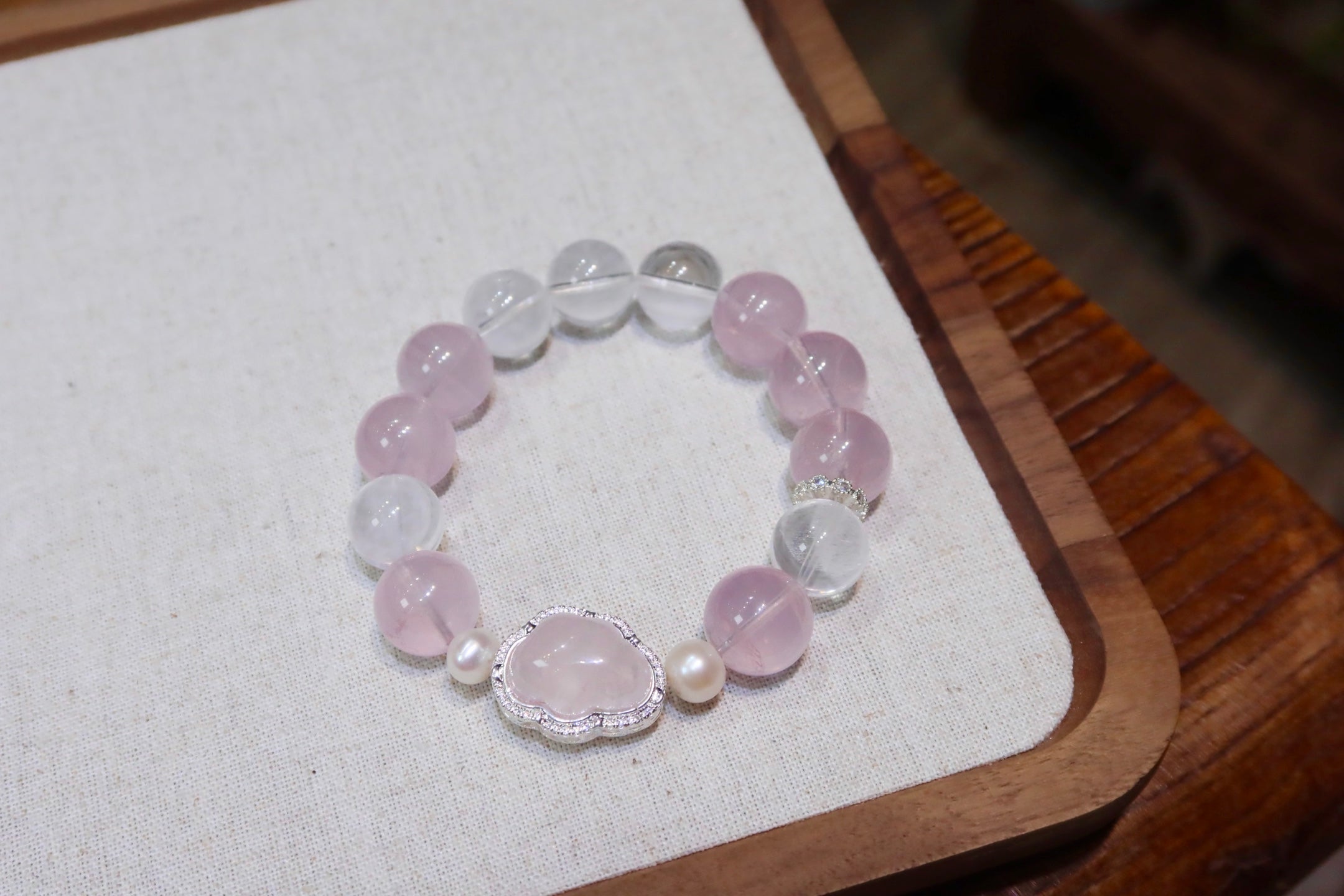 Rose Quartz Cloud Bracelet | 14mm Natural Pink Crystal with Pearl & Himalayan Quartz