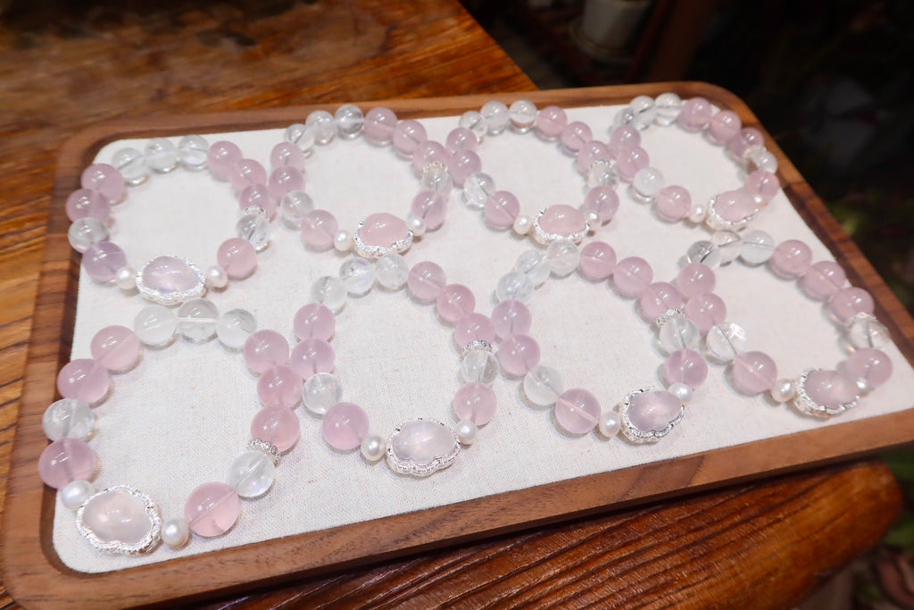 Rose Quartz Cloud Bracelet | 14mm Natural Pink Crystal with Pearl & Himalayan Quartz