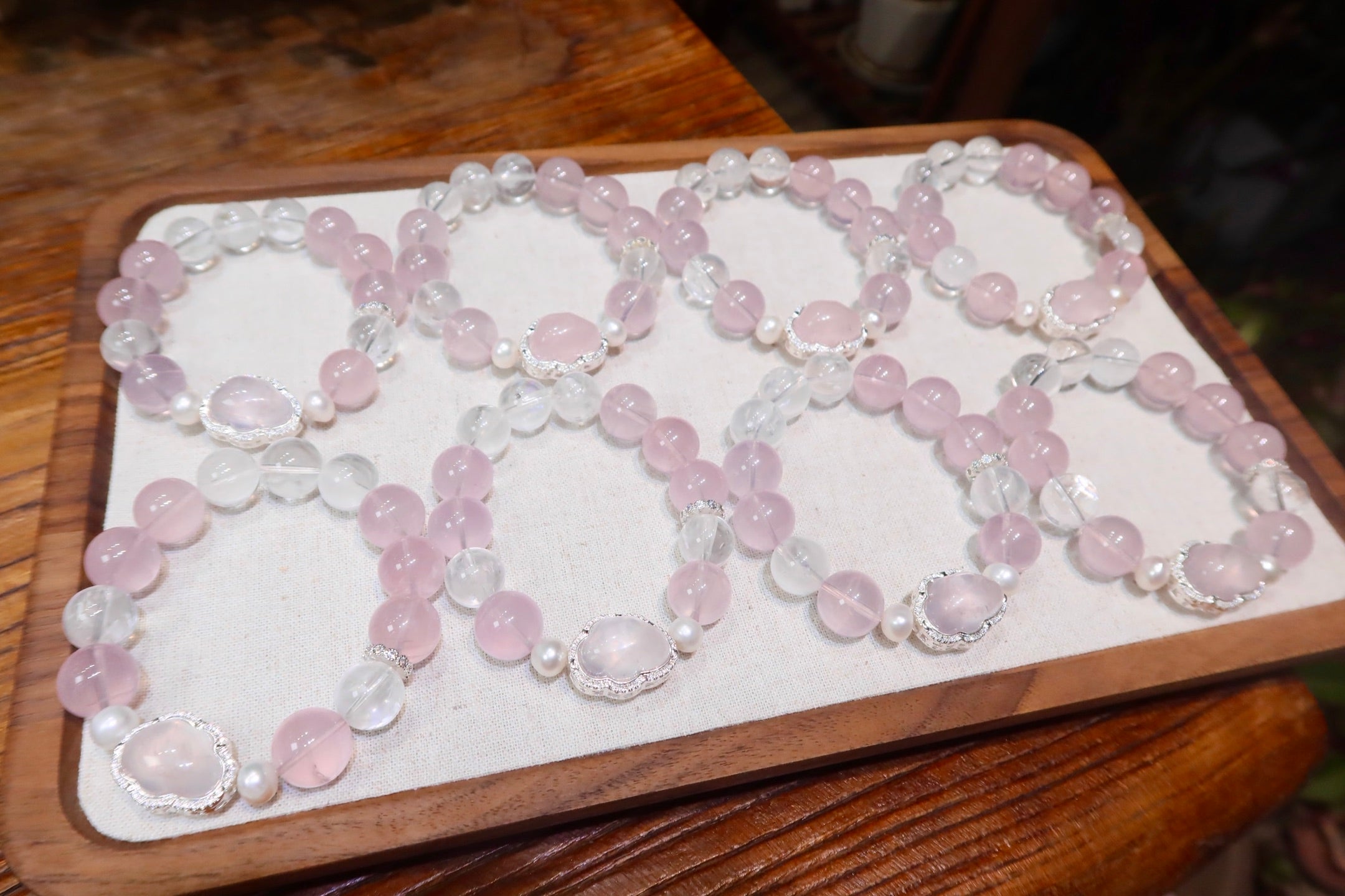 Rose Quartz Cloud Bracelet | 14mm Natural Pink Crystal with Pearl & Himalayan Quartz