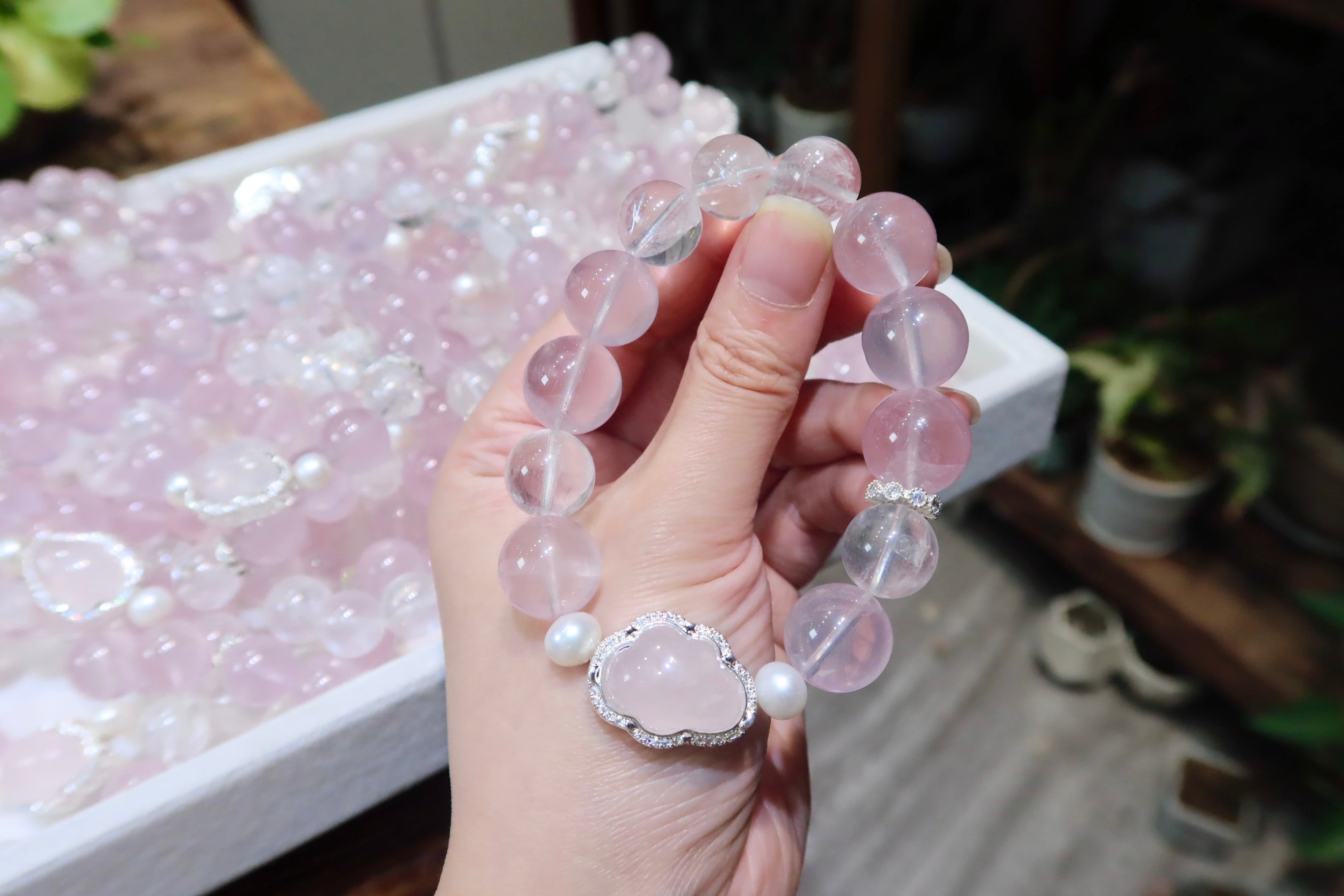 Rose Quartz Cloud Bracelet | 14mm Natural Pink Crystal with Pearl & Himalayan Quartz