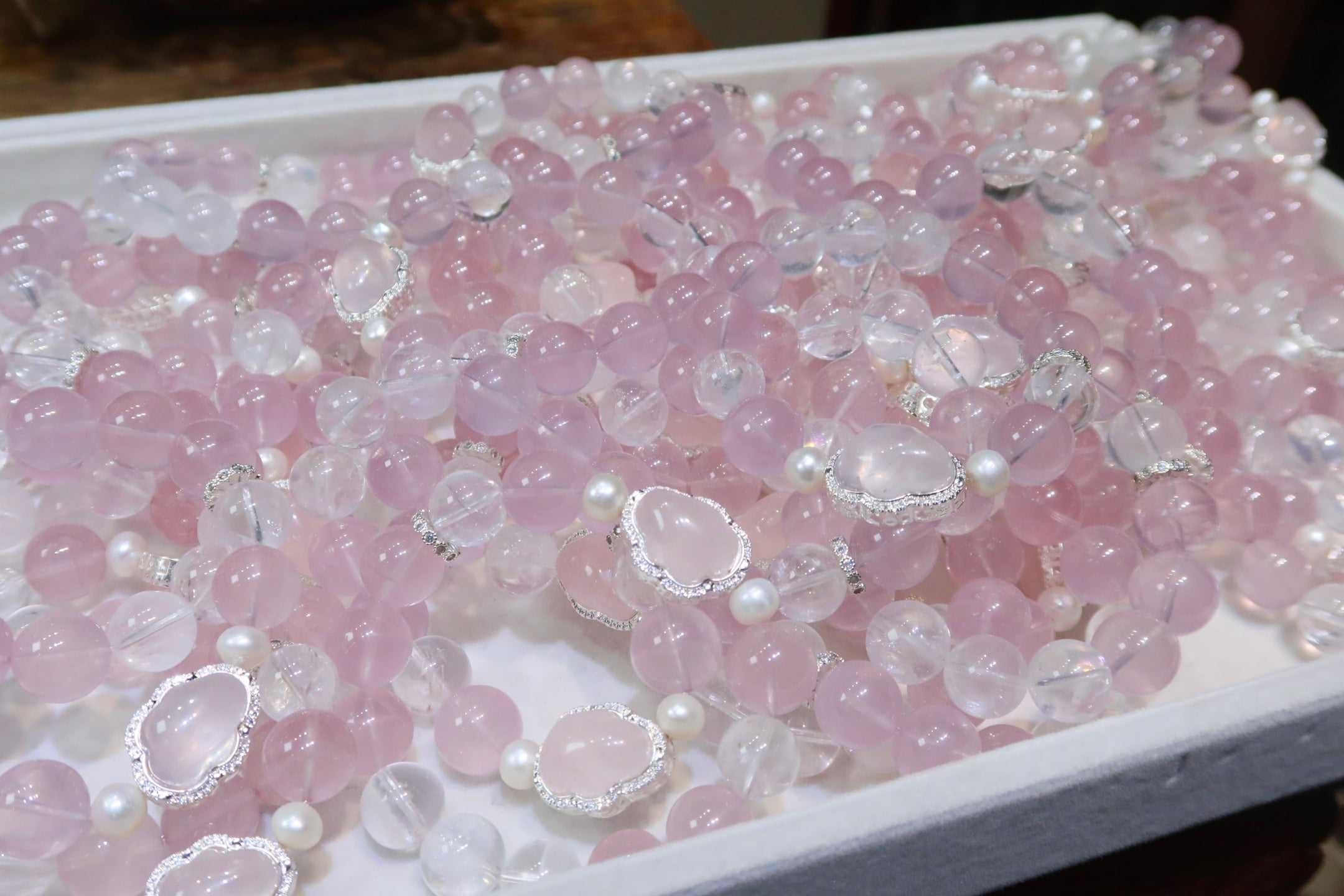 Rose Quartz Cloud Bracelet | 14mm Natural Pink Crystal with Pearl & Himalayan Quartz