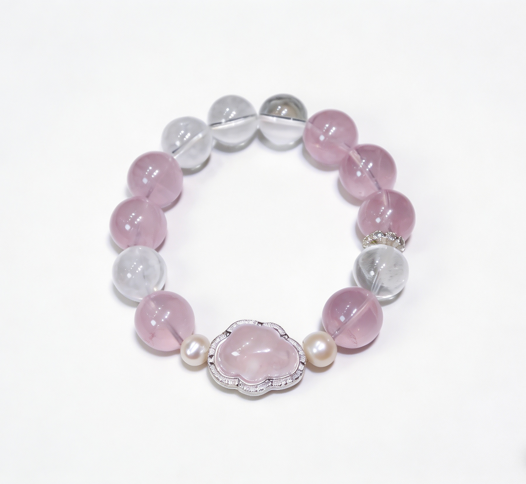 Rose Quartz Cloud Bracelet | 14mm Natural Pink Crystal with Pearl & Himalayan Quartz