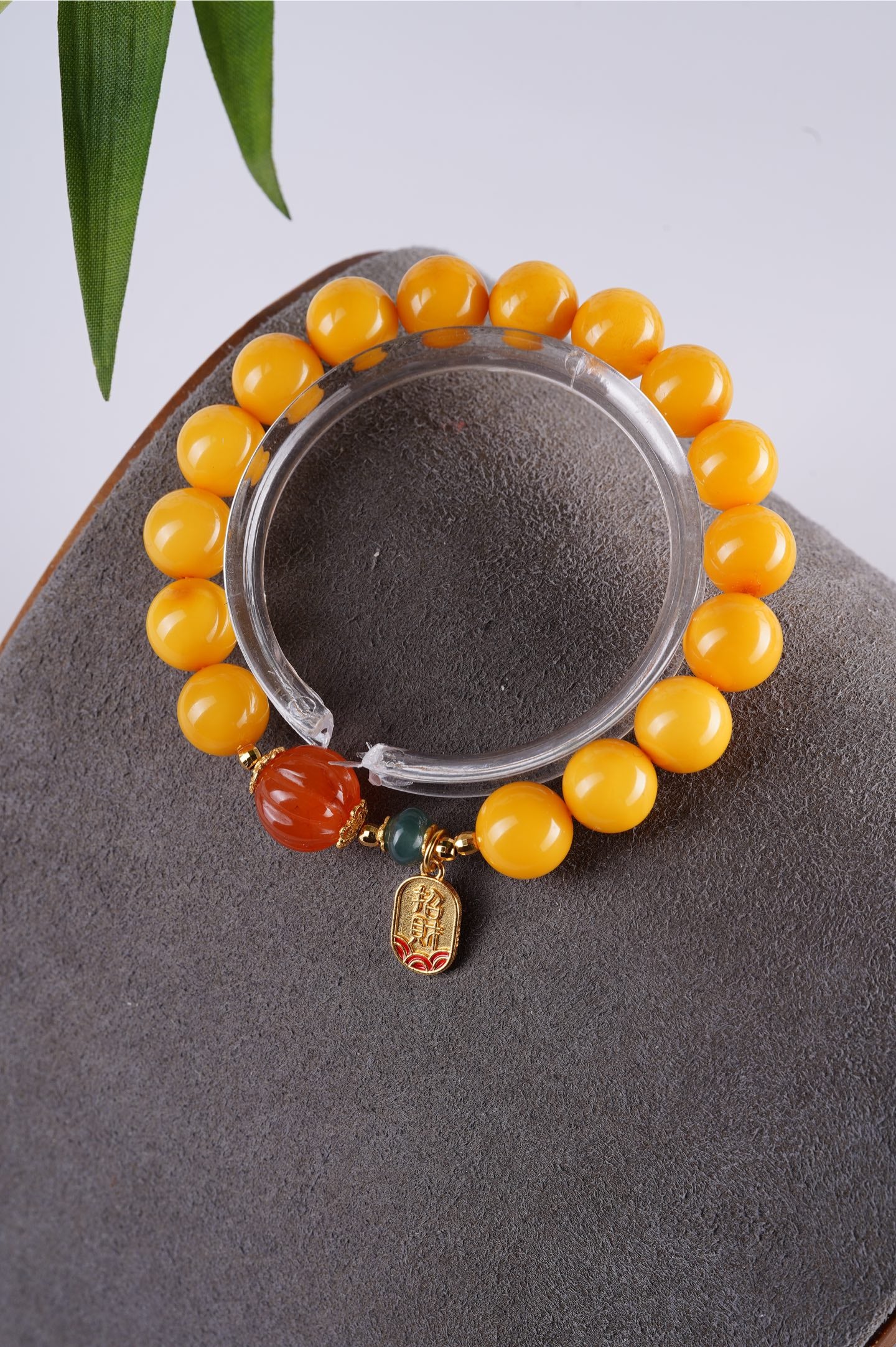 Natural Amber Bracelet | 10mm Beeswax with Red Agate & Silver Charm