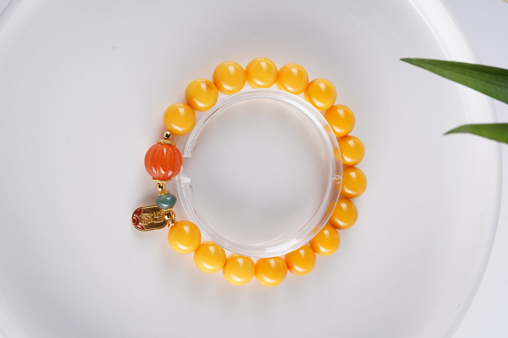 Natural Amber Bracelet | 10mm Beeswax with Red Agate & Silver Charm