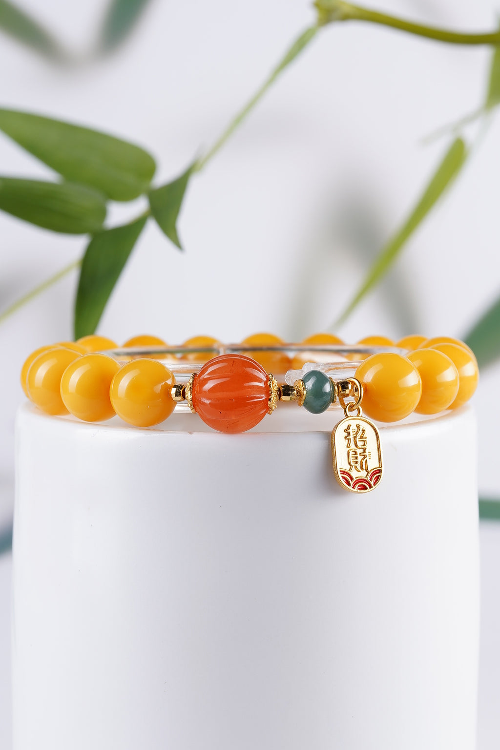 Natural Amber Bracelet | 10mm Beeswax with Red Agate & Silver Charm