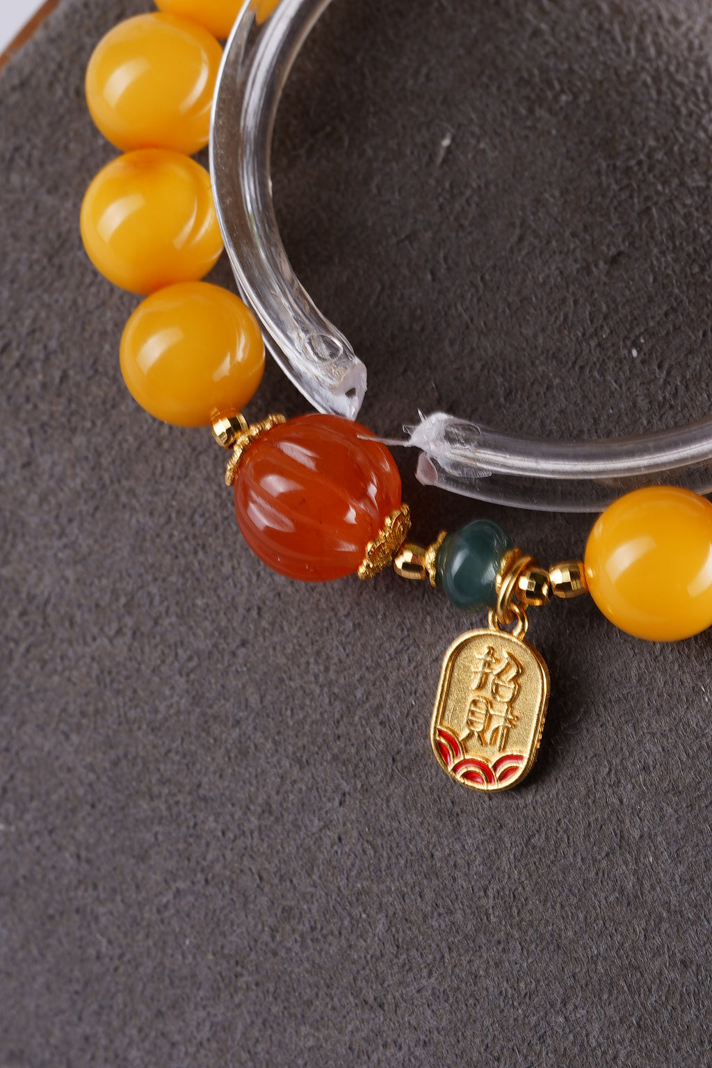 Natural Amber Bracelet | 10mm Beeswax with Red Agate & Silver Charm