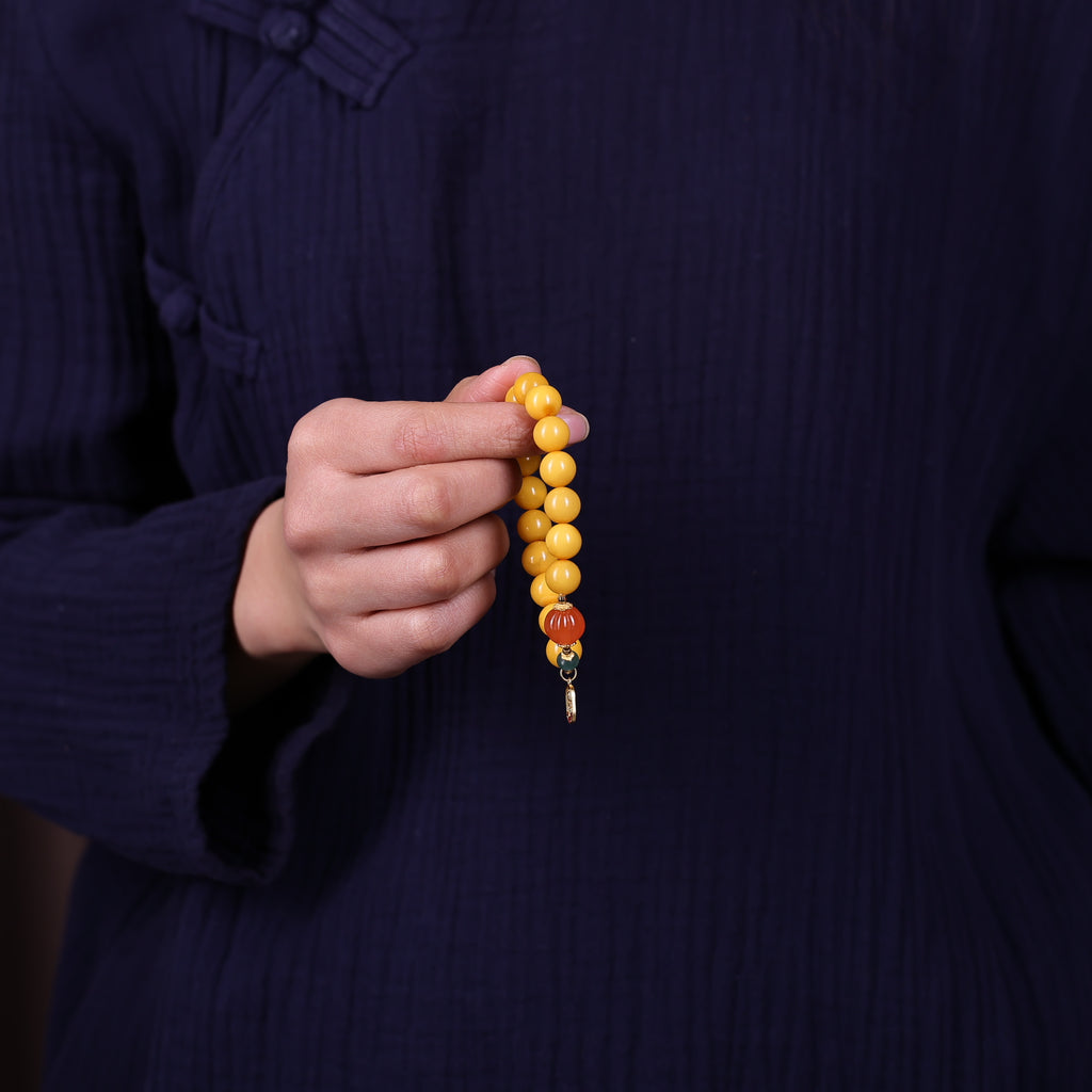 Natural Amber Bracelet | 10mm Beeswax with Red Agate & Silver Charm