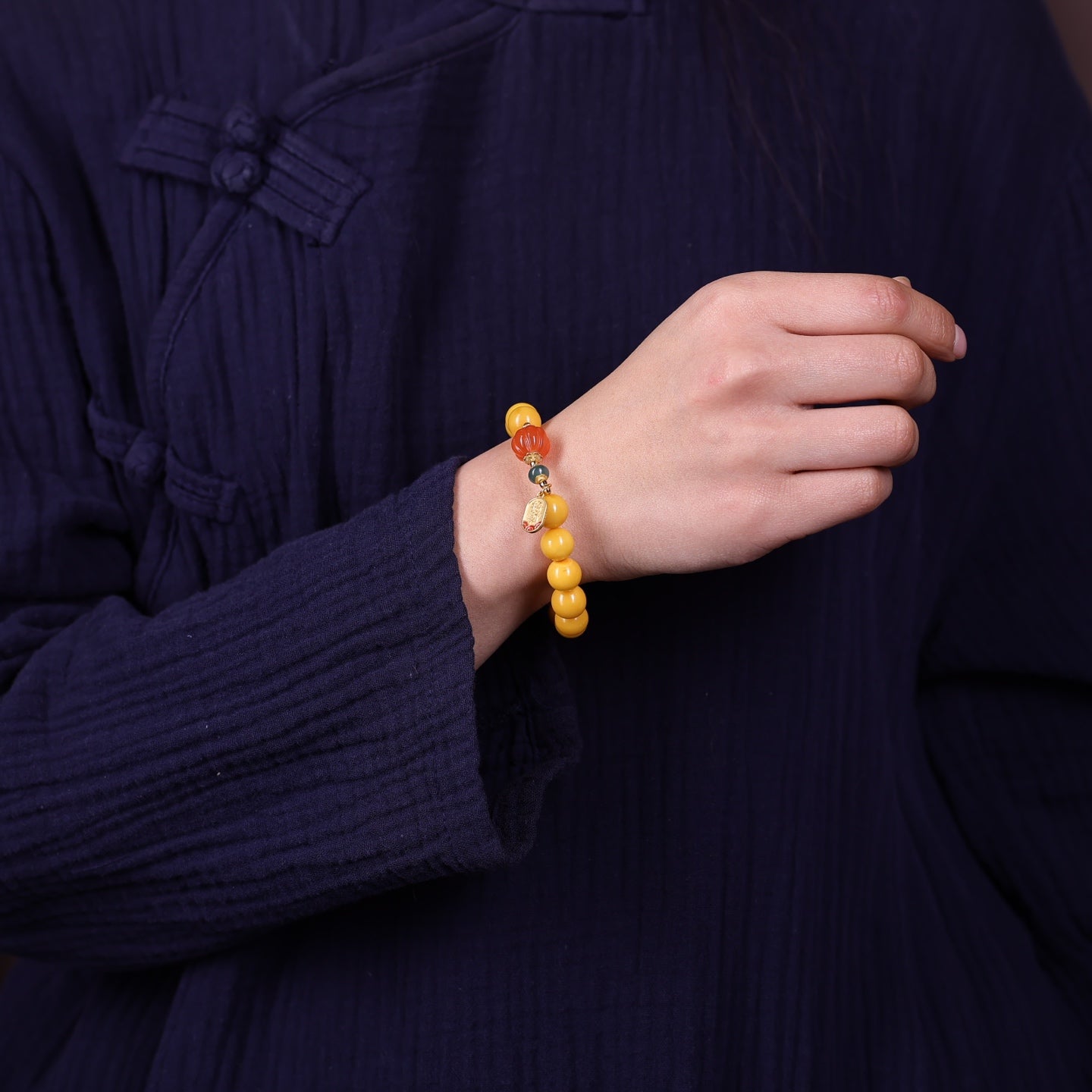 Natural Amber Bracelet | 10mm Beeswax with Red Agate & Silver Charm