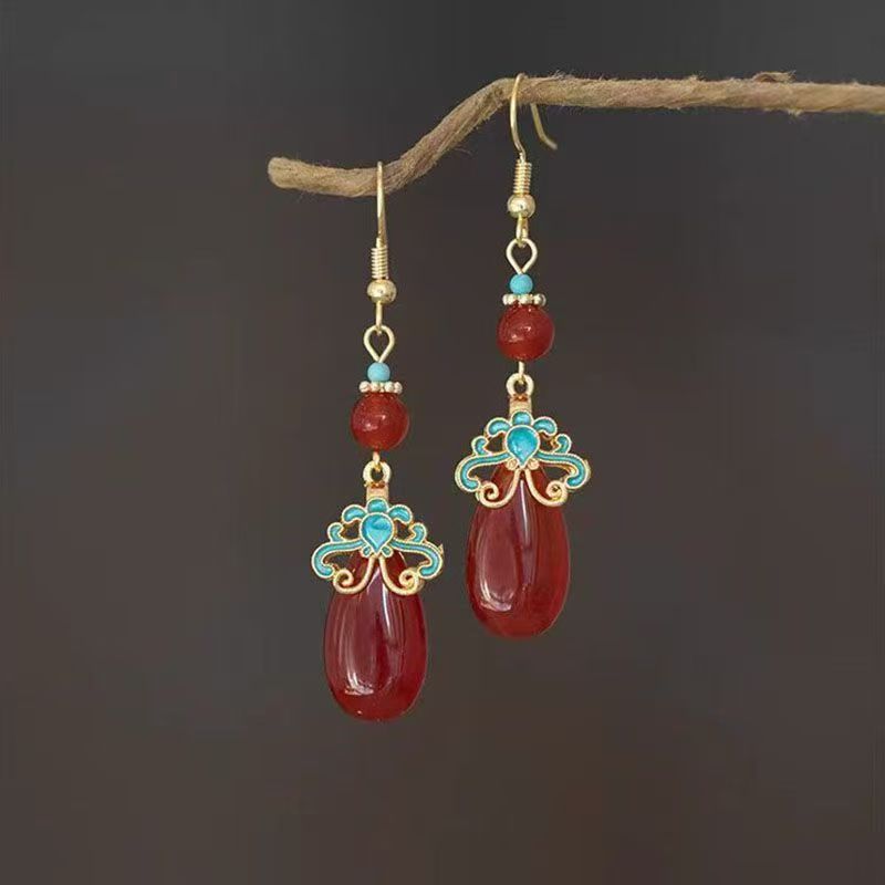 French Vintage Chinese Style Red Earrings | Elegant Turquoise Charm Drop Earrings