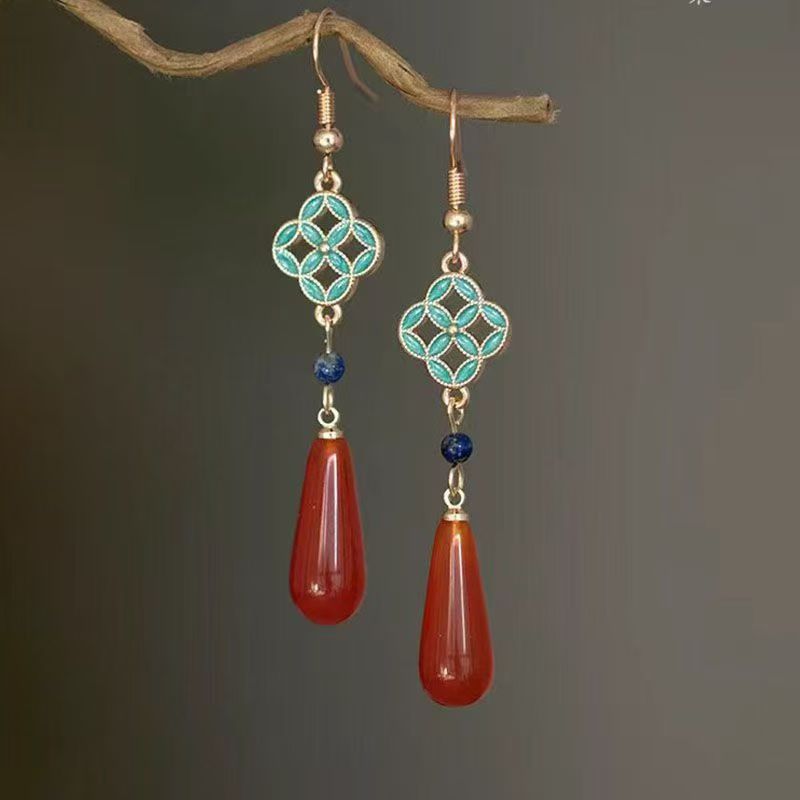 French Vintage Chinese Style Red Earrings | Elegant Turquoise Charm Drop Earrings