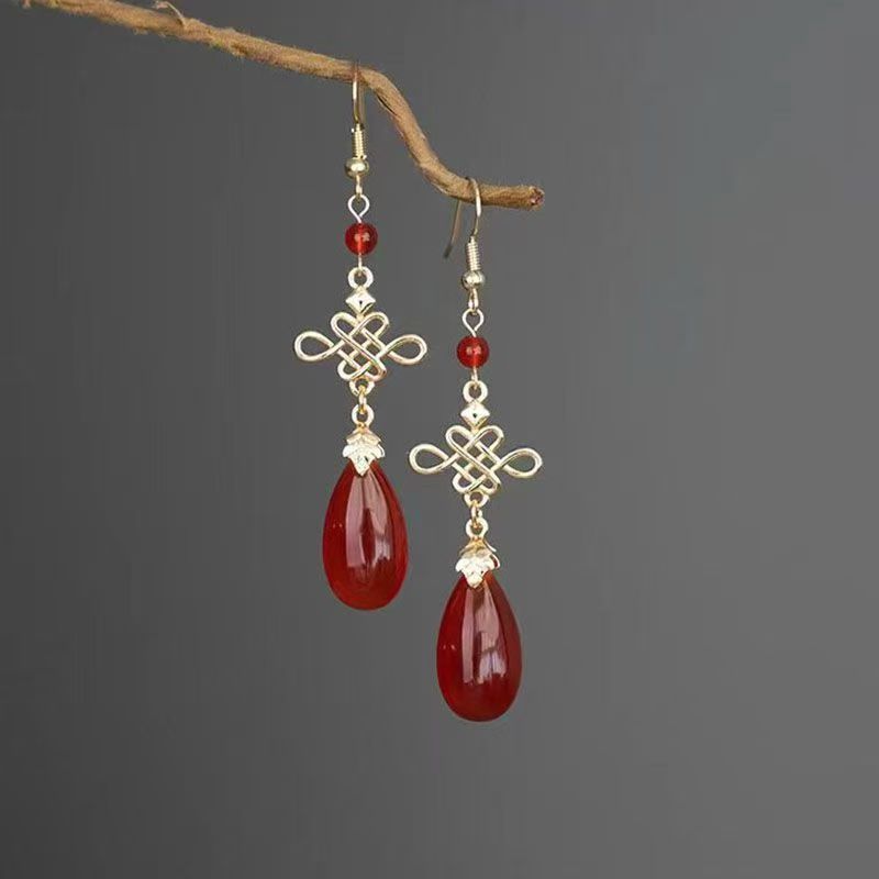 French Vintage Chinese Style Red Earrings | Elegant Turquoise Charm Drop Earrings