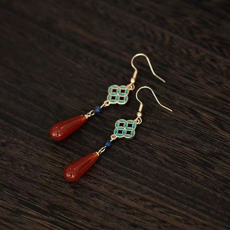 French Vintage Chinese Style Red Earrings | Elegant Turquoise Charm Drop Earrings
