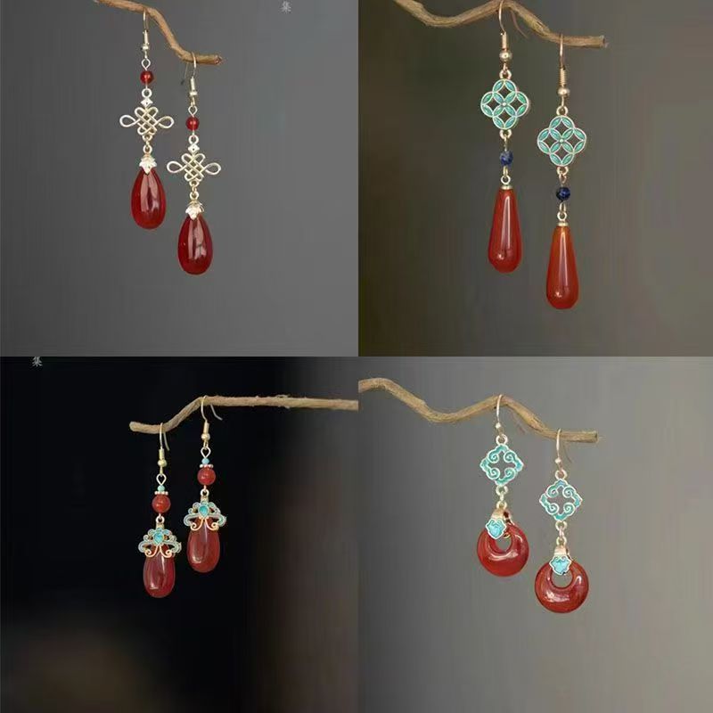 French Vintage Chinese Style Red Earrings | Elegant Turquoise Charm Drop Earrings